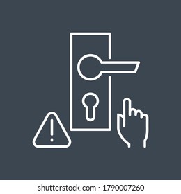 Don't touch door handle related vector thin line icon. Doorknob, hand and exclamation mark in triangle. Isolated on black background. Editable stroke. Vector illustration.