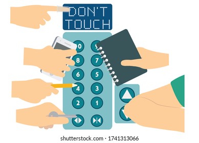 Don't Touch Elevetor Button. Using Finger Cover, Pencil, Phone, Key, Book Or Elbow To Press Button Vector Design