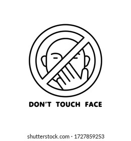 Don't touch face. Round linear icon. Black simple illustration of hand and human face, pandemic hygiene rules. Contour isolated vector image on white background. Emblem to stop spread of virus