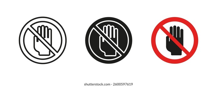 Don't touch icon. Access restriction vector illustration. Hand stop prohibition sign. Security, regulation and safety pictogram for restricted areas and warnings. No entry symbol.