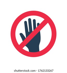 Don't touch icon. Black hand silhouette and red prohibition sign. Symbol rejection. Caution pictogram. Glyph stop icon. Vector illustration flat design. Isolated on white background.