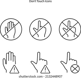 Dont touch line icons set on white background. Hand warning sign. Hygiene notification symbol. Dont touch line icon pattern banner. White web template concept.