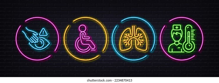 Dont touch, Lungs and Disability minimal line icons. Neon laser 3d lights. Thermometer icons. For web, application, printing. Clean hand, Respiratory pneumonia, Wheelchair user. Vector