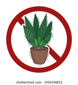 Dont touch the plants. Cartoon succulent plant in prohibition sign. Ban on aloe. Danger of allergies. Houseplant in a pot in forbidden sign. Sticker and badge.