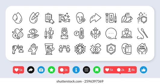 Dont touch, Problem skin and Nasal test line icons pack. Social media: share, comment, like icons. Mint tea, Blood and saliva test, Fahrenheit thermometer web icon. Vector