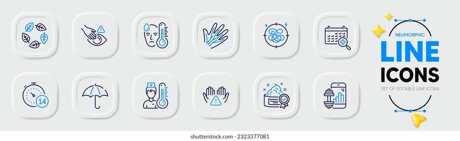 Dont touch, Quarantine and Thermometer line icons for web app. Pack of Stress, Fitness app, Clean hands pictogram icons. Cream, Medical calendar, Veins signs. Umbrella, Organic tested, Fever. Vector