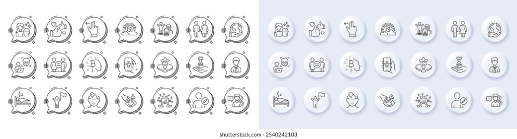 Dont touch, Save planet and Cyber attack line icons. White pin 3d buttons, chat bubbles icons. Pack of Music app, Cleaning, Time hourglass icon. Sleep, Like, Budget profit pictogram. Vector