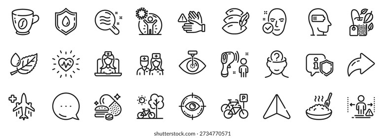 Dont touch, Shield and Bicycle line icons pack. Share, Message, Paper plane icons. Eye target, Pillow, Mint bag web icon. Leaf dew, Doctor, Electronic thermometer pictogram. Vector