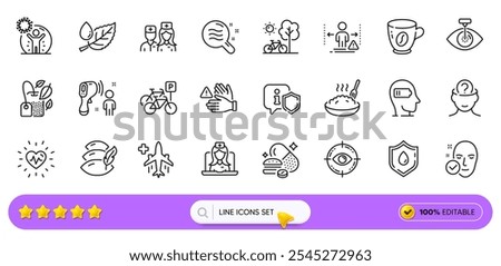 Dont touch, Shield and Bicycle line icons for web app. Pack of Eye target, Pillow, Mint bag pictogram icons. Leaf dew, Doctor, Electronic thermometer signs. Skin condition. Search bar. Vector