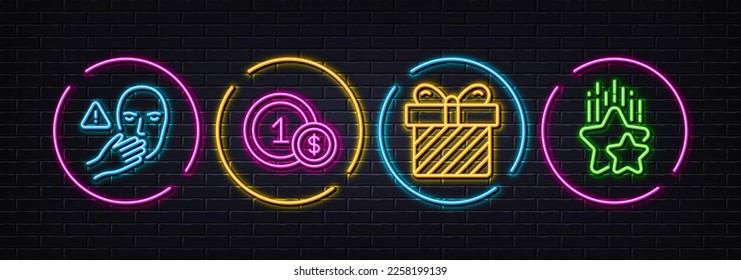 Dont touch, Surprise and Usd coins minimal line icons. Neon laser 3d lights. Ranking stars icons. For web, application, printing. Clean hand, Present with bow, Cash payment. Winner award. Vector