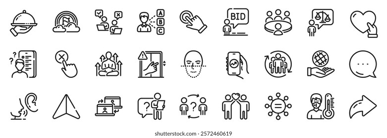 Dont touch, Whisper and Delegate question line icons pack. Share, Message, Paper plane icons. Lawyer, Restaurant food, Search employee web icon. Vector