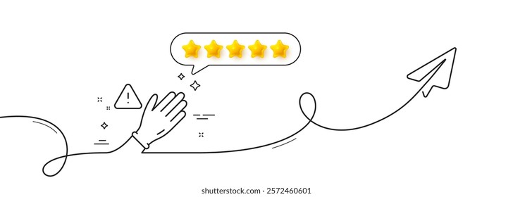 Dont touch without gloves line icon. Continuous line with share plane. Hand warning sign. Hygiene notification symbol. Five star rate review in speech bubble. Use gloves single line ribbon. Vector