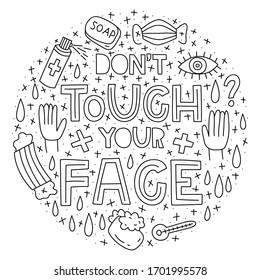  No toques tu cara. Ilustraciones de Doodle con letras en forma de círculo