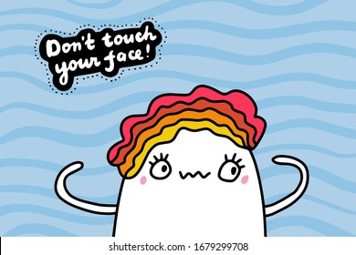 Don't touch your face hand drawn vector illustration in cartoon comic style woman looks at her arms coronavirus protection defend textured background