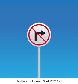 Don't turn right sign on blue sky background. road sign. Business direction concept. Road sign. Flat vector illustration.