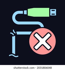 Dont use cracked cable RGB color manual label icon for dark theme. Isolated vector illustration on night mode background. Simple filled line drawing on black for product use instructions