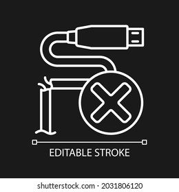 No utilice el icono de etiqueta manual lineal blanca del cable roto para el tema oscuro. Ilustración personalizable de línea delgada. Símbolo de contorno vectorial aislado para el modo nocturno para las instrucciones de uso del producto. Trazo editable