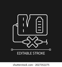 Dont use if damaged white linear manual label icon for dark theme. Thin line customizable illustration. Isolated vector contour symbol for night mode for product use instructions. Editable stroke