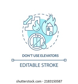 Dont use elevators turquoise concept icon. Escape house from fire abstract idea thin line illustration. Stucking risk. Isolated outline drawing. Editable stroke. Arial, Myriad Pro-Bold fonts used