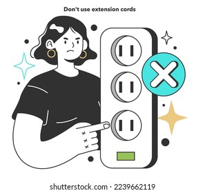 Don't use extension cords for energy efficiency at home. Electricity consumption expenses. Inflation or economic recession effect. Flat vector illustration