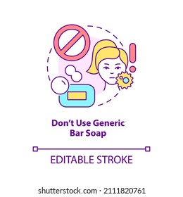 Dont use generic bar soap concept icon. Useless product. Skincare routine abstract idea thin line illustration. Isolated outline drawing. Editable stroke. Roboto-Medium, Myriad Pro-Bold fonts used