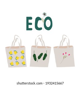 Dont use plastic bag slogan. Cute zero waste elements. Hand drawn eco life illustration. Set of doodle reusable shopping bags. Go green, no plastic, save the planet.