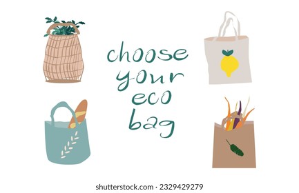 Dont use plastic bag slogan. Cute zero waste elements. Hand drawn eco life illustration. Flat vector illustration. Set of doodle reusable shopping bags. Go green, no plastic, save the planet.