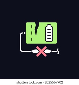 Dont use powerbank if damaged RGB color manual label icon for dark theme. Isolated vector illustration on night mode background. Simple filled line drawing on black for product use instructions
