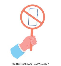 Dont use smartphones. Hand holding prohibition sign with phone. Isolated sticker for different offices, border zone, library, hospitals etc, vector design