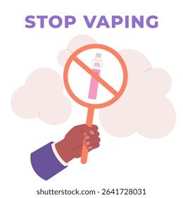 Dont vaping poster. Hand holding banner with vape in smoke clouds. Quit smoking e-cigarettes. Sticker for public place, hospital, vector design