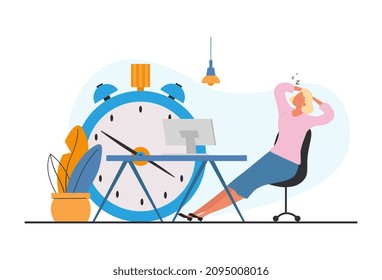 Dont want work. Girl sits on background of clock, metaphor of procrastination. Character sits on chair, laying his arms behind head. Ineffective and useless worker. Cartoon flat vector illustration