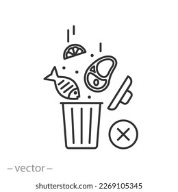 don't waste food icon, trash bin with meal leftovers, thin line symbol on white background - editable stroke vector illustration eps10