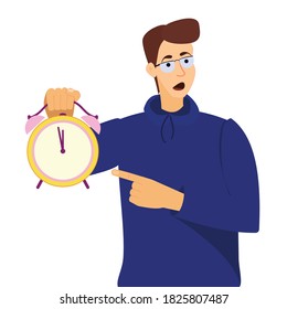 Verschwende keine Zeit, keine Frist. Der junge Mann, der auf die Zeit auf der Uhr zeigt, frustriert über die Verzögerung der Frist.