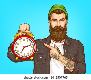 Dont waste time, hurry on sale pop art vector concept. Portrait of serious, bearded hipster man with tattooed forearms, wearing beanie pointing with finger on ringing alarm clock in hand illustration