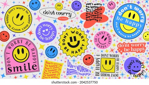 Don't worry be happy Abstract Hipster Cool Trendy Background With Retro Stickers Vector Design. - Shutterstock ID 2042537750
