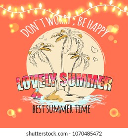 Don't worry be happy lovely summer best summertime christmas banner with garland and palm trees on beach island vector illustration of tropical background