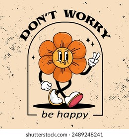 Don't worry be happy. Retro cartoon groovy walking smiling daisy flower mascot showing two fingers - peace sign. Retro vintage banner. Vector illustration in vintage retro style