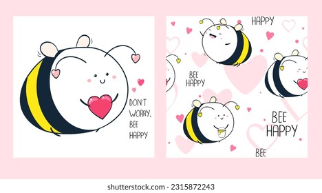 No te preocupes, ser feliz. Conjunto de patrones sin fisuras y una impresión con una linda y alegre abeja gorda. Se puede usar textura sin fin para rellenos de patrones textiles, diseño de camisetas, fondo de página web. EPS vectorial8