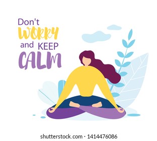 No Se Preocupen De Mantener La Calma. Niña Medita Al Aire Libre, Ilustración Vector Natural Sky Cloud. Niña en Lotus Position. Armonía emocional, Alivio del Estrés Meditativo, Recarga Mental, Práctica de Yoga, Posología Pacífica