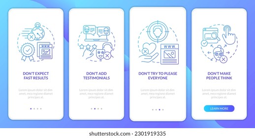 Donaciones para el éxito del sitio web pantalla de aplicación móvil de gradiente azul. Recorrido 4 pasos instrucciones gráficas con conceptos lineales. UI, UX, plantilla GUI. Multitud de tipos de letra Pro-Bold, con uso regular