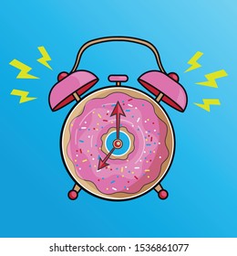 Donut alarm clock. Ringing pink alarm clock isolated on a blue background.  Breakfast time clock. Vector illustration EPS 10.