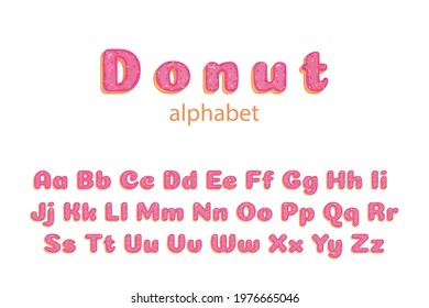 Donut alphabet. Donut font. Pink glaze. Cute font. Vector illustration.