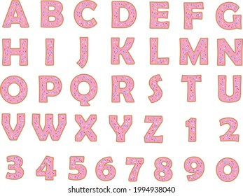 Donut alphabet and numbers on white background. Bakery sweet tasty font. Pink letters and numbers. 