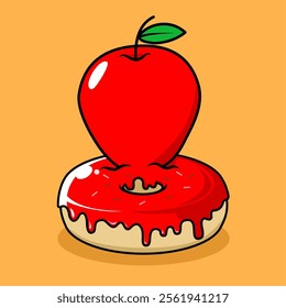 donut with apple flavor. donut and fruit combination icon. Food and drink concept icon isolated in flat cartoon style