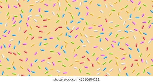 Donut background with colorful candy sprinkles. Sweet topping for candy or ice cream. Fun and playful dessert design. Summer, birthday, children concept. Seamless vector illustration.