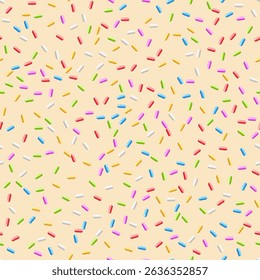 Donut background with colorful candy sprinkles. Sweet topping for candy or ice cream. Fun and playful dessert design. Summer, birthday, children concept. Seamless vector illustration.
