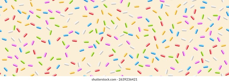 Donut background with colorful candy sprinkles. Sweet topping for candy or ice cream. Fun and playful dessert design. Summer, birthday, children concept. Seamless vector illustration.