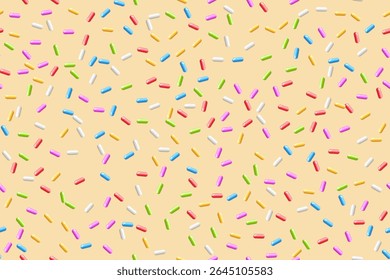 Donut background with colorful candy sprinkles. Sweet topping for candy or ice cream. Fun and playful dessert design. Summer, birthday, children concept. Seamless vector illustration.