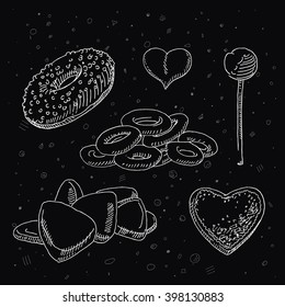Donut, bagel, candy heart, sweets and Valentine day symbol lollipop vector sketch drawing