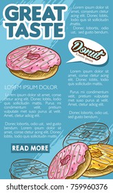 Donut bakery dessert retro sketch poster for fast food template. Sweet doughnut topped with sugar glaze, chocolate and sprinkles for cafe, donut and pastry shop web banner design